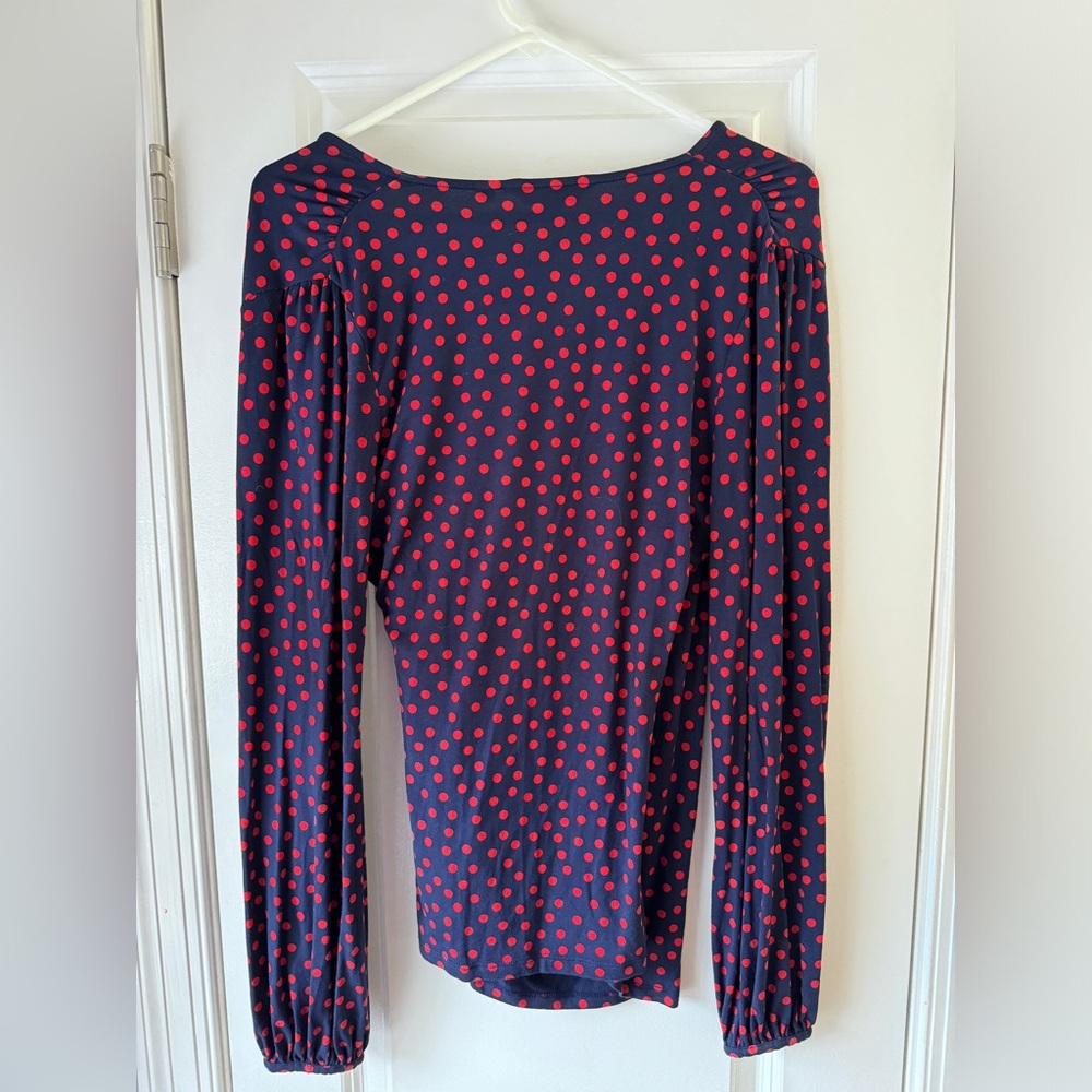 Boden Red and Navy Polka Dot Puff Sleeve Faux Wrap Blouse - Picture 7 of 7